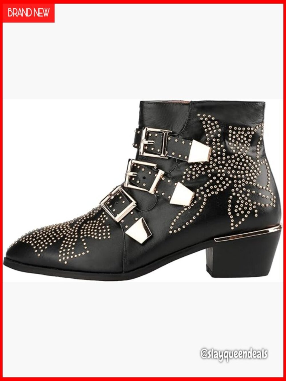 Leather Studded Ankle Boots with Buckles Chunky Heel Almond Toe Zipper